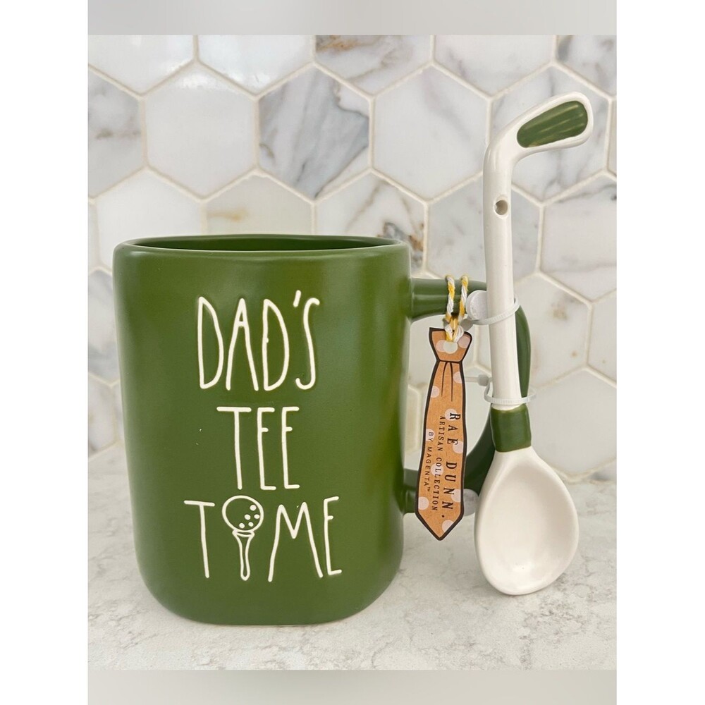 Rae Dunn “Dad’s Tee Time” Green Mug with Golf Club Spoon